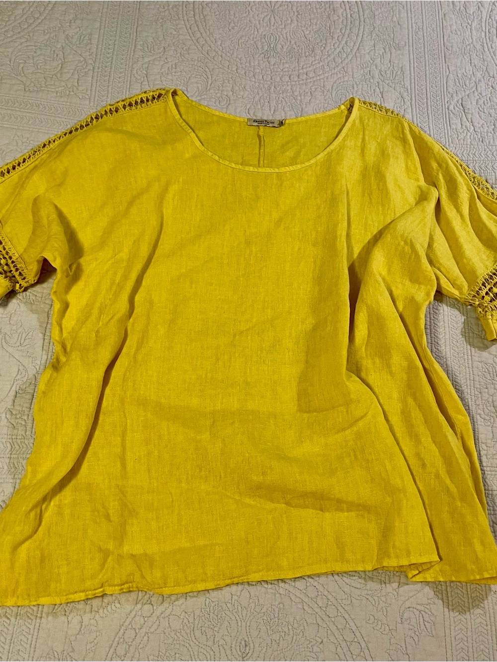 Bright Yellow Linen Crochet-Trim Blouse sz 1x